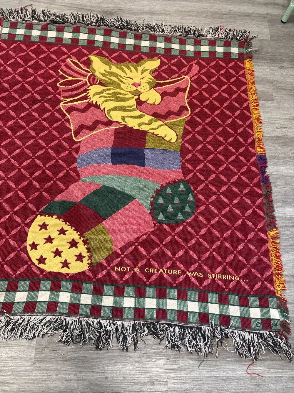Vintage Christmas cat Stocking woven Throw Blanket holiday late 90s